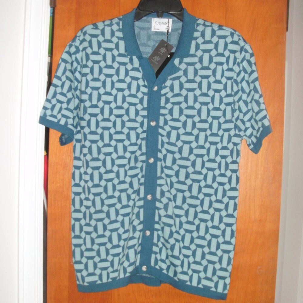 NWT Sky Blue Retro Geometric Print Johnny Collar Sweater Knit Polo Shirt size S